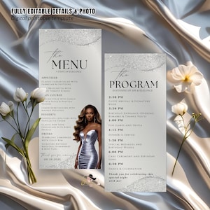 May include: A digital printable template featuring a menu and program for an event. The menu lists appetizers, main courses, desserts, and drinks. The program outlines the event schedule, including guest arrival, games, dinner, and dance. The design includes a woman in a silver dress.