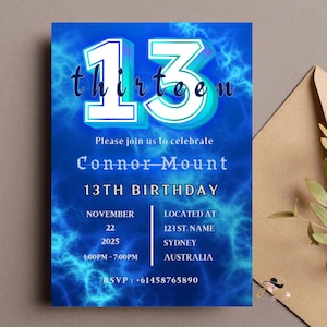 Blau 13. Geburtstag Junge einladen, digitale dreizehn Geburtstagsparty Teenager Junge Einladung, offizielle Teenager druckbare Karte, sofort Download