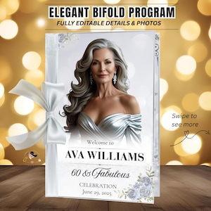 Modello di programma di compleanno Modello di programma bifold bianco argento con foto stampabile Programma dell'evento Programma elegante Festa di matrimonio