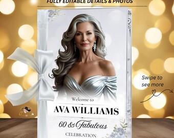 White Silver Birthday Program Template, Floral Program Card, Retirement program, Order of events, Printable Template
