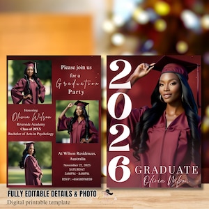 May include: A maroon graduation party invitation with a photo of a graduate in a cap and gown. The invitation includes the graduate's name, school, and party details. The year 2026 is prominently displayed.