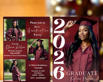 Digital College Graduation Announcement Invitation, Maroon Senior Grad Party Invite 2026, Female High School Graduation Editable Template