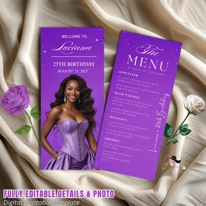 May include: Purple birthday invitation and menu template. The invitation reads "Welcome to Luciana, 25th Birthday, August 21, 2025." The menu lists appetizers, main courses, desserts, and drinks. The template is fully editable.