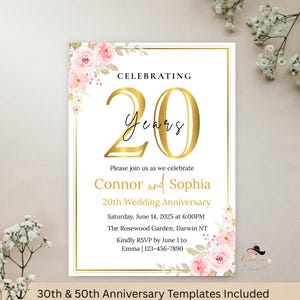 20周年記念招待状、結婚20周年記念パーティー招待状、デジタルゴールドホワイトアニバーサリーカード、印刷可能な20周年記念テンプレート