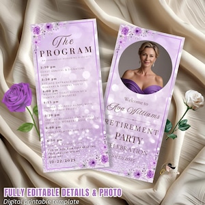 Sjabloon Pensioenprogramma Paarse programmakaart afdrukbaar Verjaardagsfeestprogramma met foto, elegant jubileumprogramma Evenementenschema