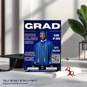 May include: A graduation announcement with a blue and white design. The announcement features a photo of a graduate in a blue gown and cap. Text includes "GRAD", "Class of 2026", and "Joshua Smith". A QR code and details are also included.