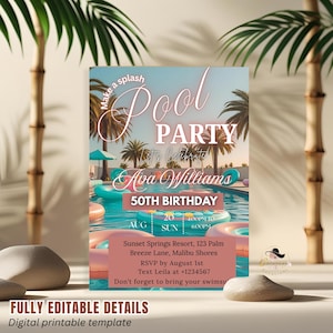 Invitation de fête d'anniversaire à la piscine modifiable Fête de piscine hawaïenne adulte Invitation numérique Fête à thème Tiki Carte d'anniversaire d'été tropical imprimable