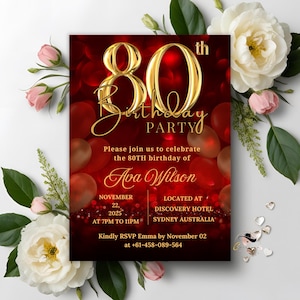 Invitación digital para 80 cumpleaños de mujer, 80 y fabulosa, invitación a cena de 80 cumpleaños para mamá, plantilla de tarjeta imprimible para fiesta de 80 cumpleaños