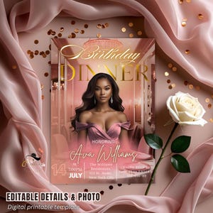 Digital Birthday Dinner Invitation with photo Pink Rose gold Elegant Dinner party invite Glam Luxury Birthday Dinner card Printable Template