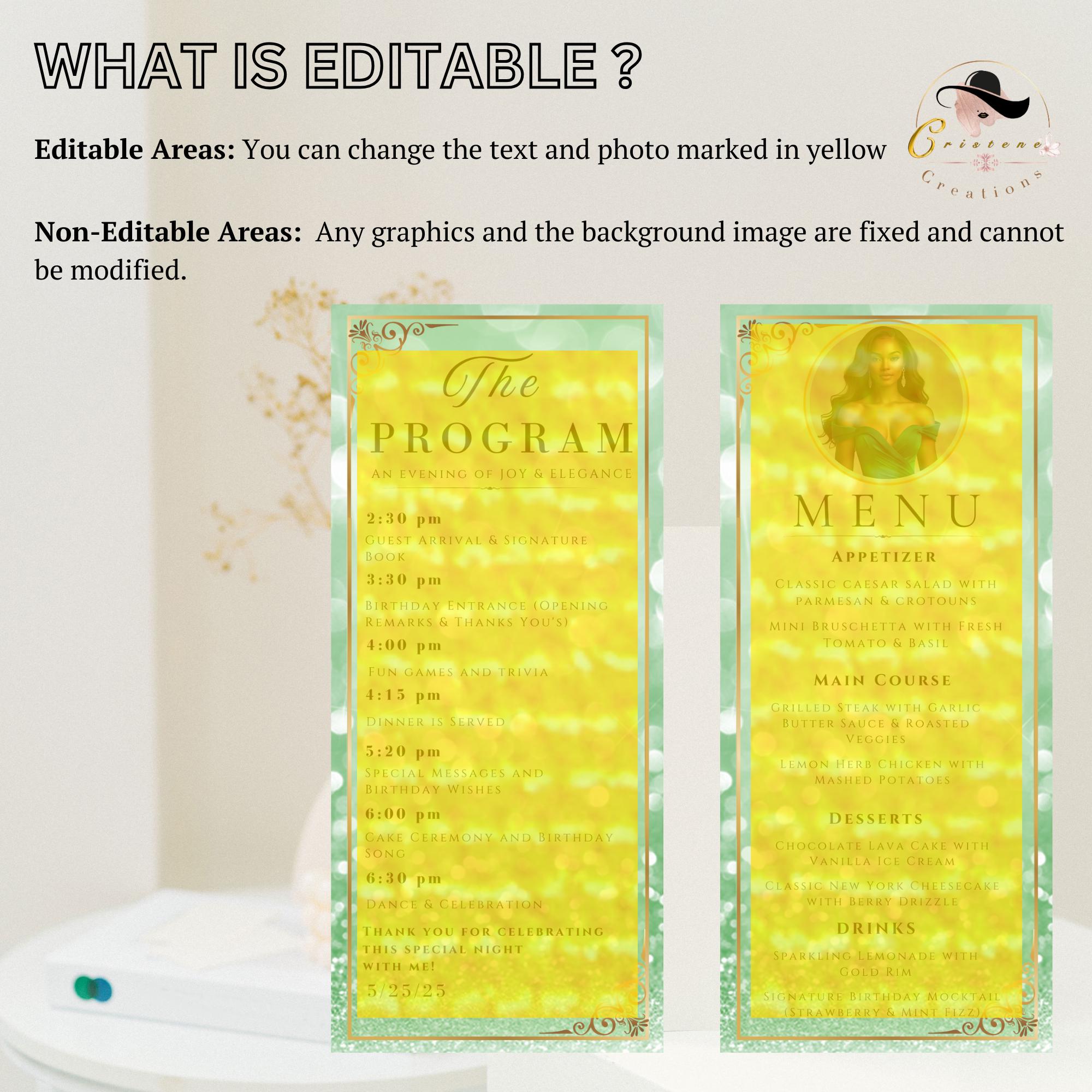 Menu and Program Template Green Gold Birthday Party Menu Program Cards ...