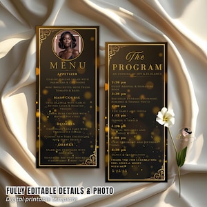 Black Gold Menu and Program Template with photo Birthday party Menu Program card Printable Elegant Dinner Menu Formal Event Program schedule