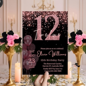 Digitale 12. Geburtstagseinladung Mädchen, rosa schwarzes 12. Geburtstags-Dinner-Party einladen, druckbare Karte für Pre Teen zwölfjährige Tochter