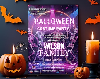 May include: A Halloween party invitation with orange bat cutouts and pumpkins. The invitation includes skeletons, the text "Halloween Costume Party," and details for the Wilson Family event on October 31st.