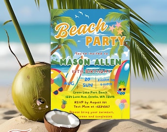 May include: A beach-themed invitation with the text "Beach Party" and details for Mason Allen's 13th birthday. The design includes palm trees, surfboards, and a coconut on a sandy beach background. The invitation is fully editable.