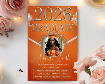 Orange Einladung zum Abschluss mit Foto für Sie und Ihn, Klasse von 2026 High School College Grad Party einladen, bearbeitbare Canva Vorlage