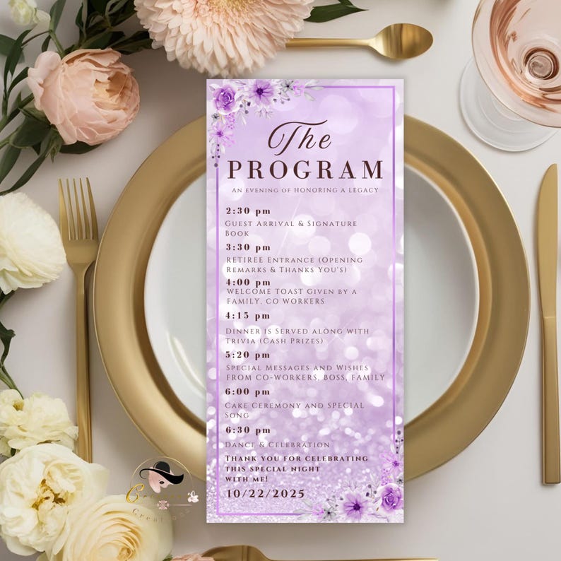 Retirement Program Template Purple Program Card Printable Birthday ...