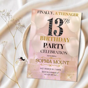 13. Geburtstagseinladungskarte, Teen einladen - Printable und bearbeitbare digitale Party einladen, Feiern offizielle Teenager Ära, Instant Download