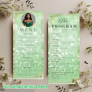 May include: A digital printable template for a menu and program. The menu features a photo of a woman and a list of appetizers, main courses, desserts, and drinks. The program lists the schedule for an evening of joy and elegance.