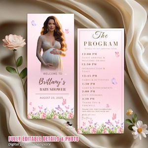 Op de afbeelding: Een roze babyborrel uitnodiging en programma. De uitnodiging toont een zwangere vrouw, vlinders en bloemmotieven. Het programma geeft de planning van het evenement weer, inclusief spelletjes, taart en cadeau-opening. De tekst luidt "Brittany's Baby Shower."