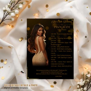 May include: A digital printable birthday party program with a black and gold design. The program includes the event's order of events, a photo of a woman in a gold dress, and the text "Ava's 10th Birthday".