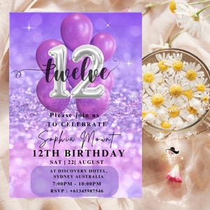 Convite DIGITAL para 12º aniversário, cartão de festa de aniversário roxo e rosa brilhante editável, convite para impressão fofo para menina de 12 anos em violeta