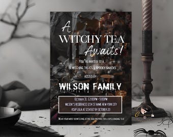 Witches Tea Party Invitation, Halloween Tea Party Invite, Elegant Gothic Witchy Brunch Celebration, Editable Canva Template