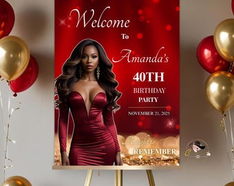 May include: A red and gold birthday party welcome sign with the text "Welcome to Amanda's 40th Birthday Party" and the date November 21, 2025. The sign features an image of a woman in a red dress. Gold and red balloons are in the background.