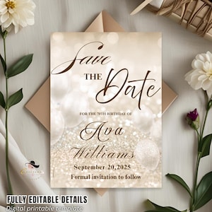 May include: A digital printable template for a 70th birthday "Save the Date" invitation. The design features elegant script, a glittery background, and the names Ava Williams. The date is September 20, 2025. The invitation is fully editable.