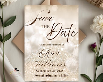 Digital Save the Date invitation White Gold Wedding Announcement invite Elegant Birthday Dinner Save the date Card Engagement Party Template