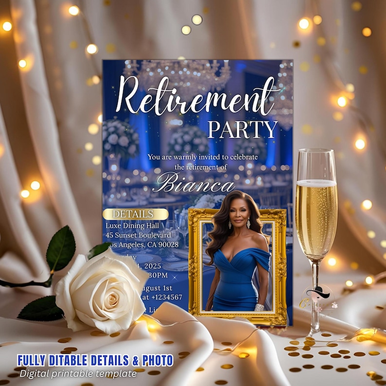 Digital Retirement Party Invitation With Photo Blue Gold Surprise ...