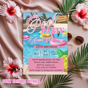 Invitation fête d'anniversaire à la piscine pour filles adultes, soirée à thème à la piscine, carte d'anniversaire d'été imprimable pour fête à thème Tiki tropical, modèle numérique