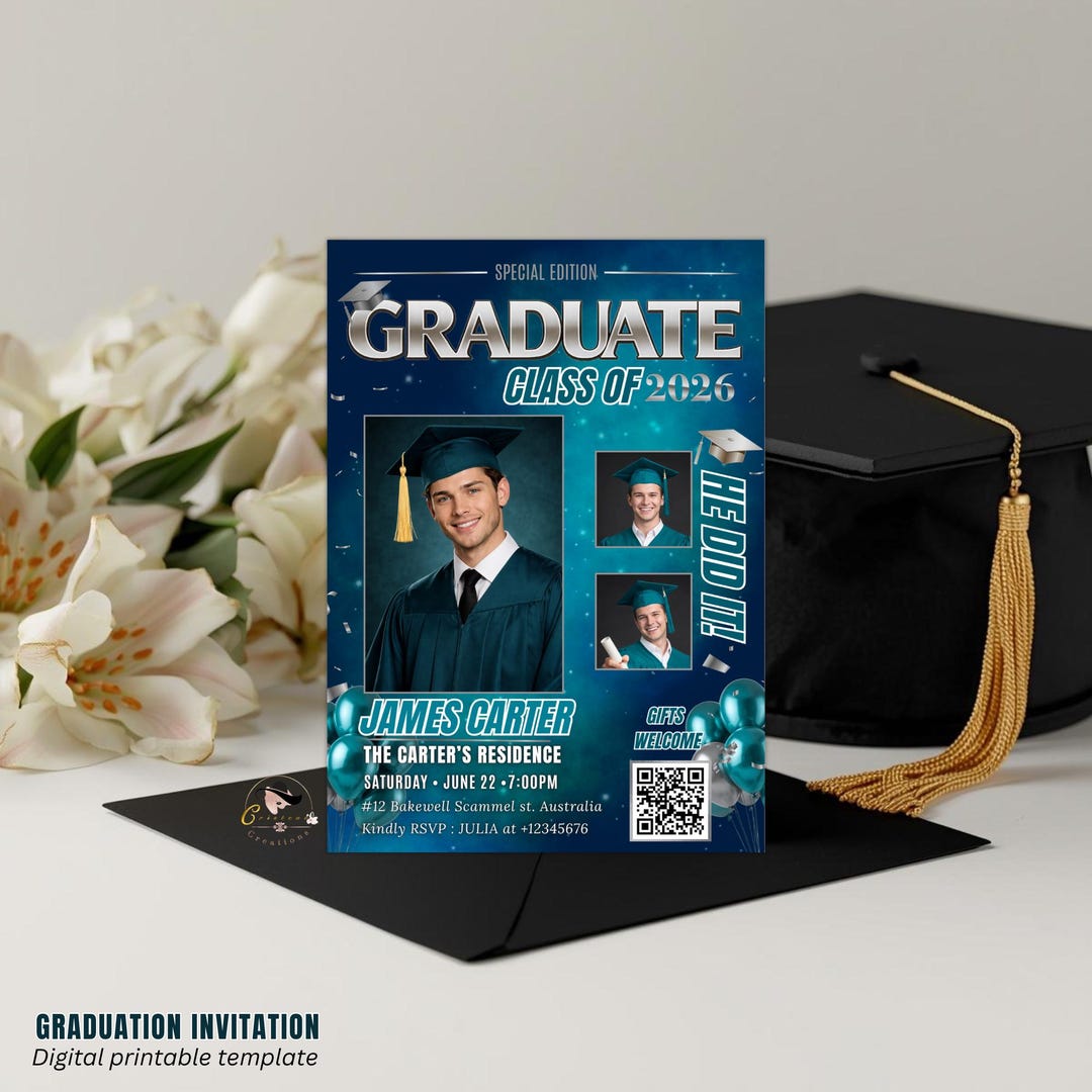 Teal Boy Graduation Invitation, Senior Grad Party With Photos Invite ...