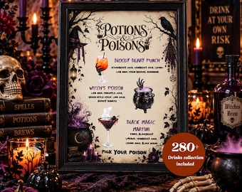 May include: A framed sign titled Potions & Poisons featuring illustrations of three cocktails and their ingredients: Bloody Berry Punch, Witch's Poison, and Black Magic Martini. The sign includes the text Pick Your Poison and 280+ Drinks collection included.