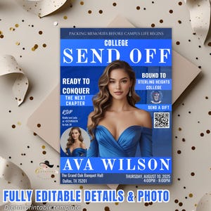 Digital College Absenden Einladung Blauer Stamm Party Vorlage Magazin Stil einladen mit Foto, Off to College Farewell Einladung Card Girl