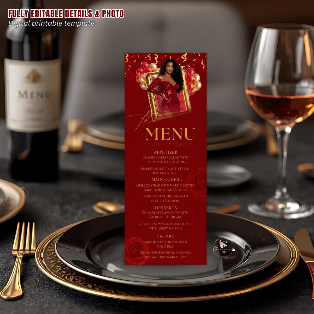 Red Gold Birthday Dinner Menu Card, Elegant Retirement Party Menu With ...