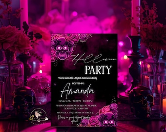 May include: A Halloween party invitation with a black background and pink accents. The invitation features a skull design with roses and the text "Halloween Party." The host's name, Amanda, is also displayed. The invitation is a digital printable template.
