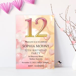 Invitación de cumpleaños número 12 en rosa y oro rosa, invitación editable para fiesta de cumpleaños número 12 de niña, tarjeta imprimible digitalmente para hija de doce años