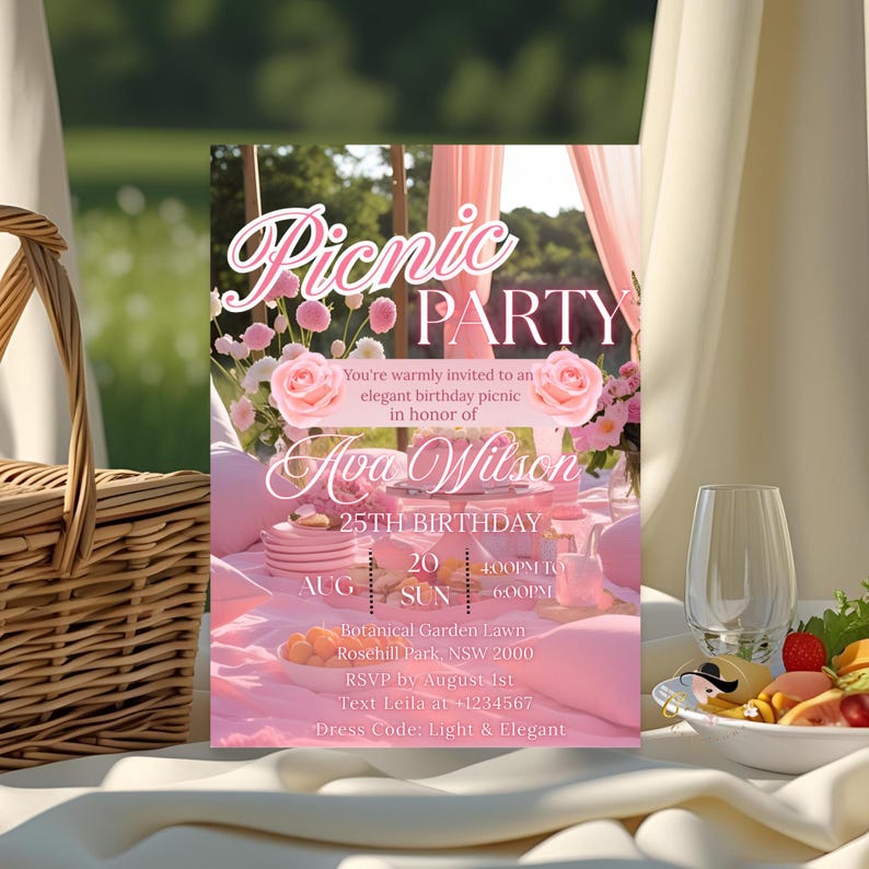 Pink Picnic party Birthday invitation card is ideal for your girl daughter that is turning 25 year old or any age. This editable birthday picnic invite makes your event extra special. Easy to customized using your canva account. Personalized it in your own with a lifetime access to the PDF link after purchase. This picnic party family reunion invitation is digital for social media platform sharing and printable for easy printing at home. Perfect for summer picnic party celebration
