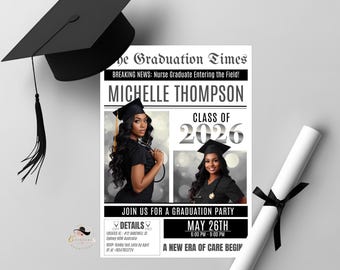 May include: A graduation announcement featuring a photo of Michelle Thompson, Class of 2026, in a nurse's uniform. The announcement includes a graduation cap, a diploma, and the text "Join us for a graduation party."