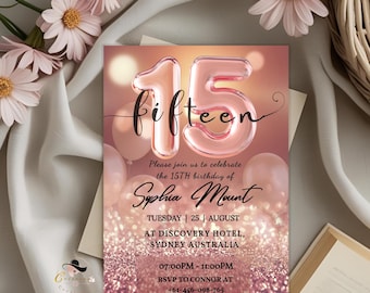 Rose Gold 15th Birthday Invitation, Quinceanera Party Invite, Sweet Fifteenth Dinner Invite, Teen Girl Birthday Brunch Printable Template