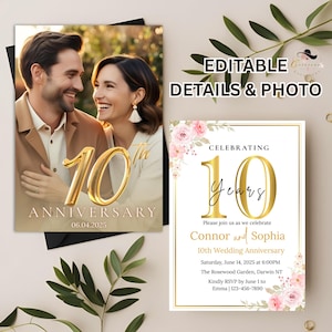 Invito per il 10° anniversario di matrimonio, invito per 10 anni insieme, modello digitale stampabile con foto, biglietto d'invito per l'anniversario in oro bianco