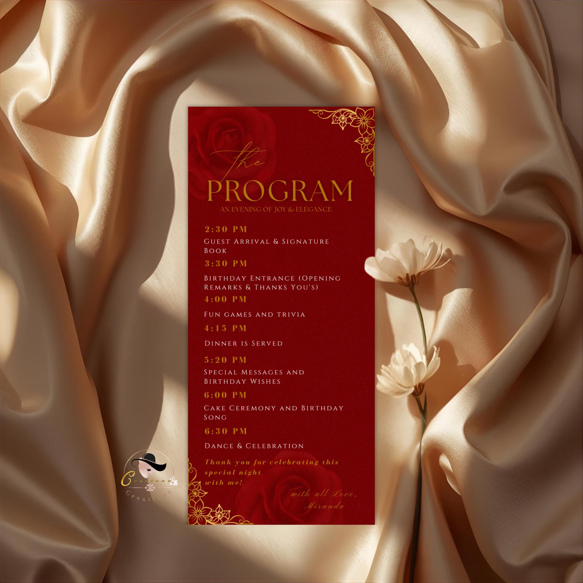 Editable Menu and Program Template Red Gold Birthday Dinner Menu Card ...