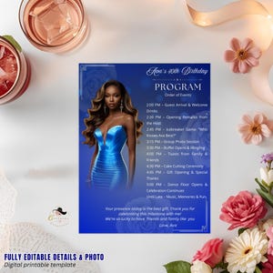 Pode incluir: Um modelo digital imprimível para o 40º aniversário de Ava. O convite apresenta uma mulher com um vestido azul, com detalhes do evento e um cronograma. O design inclui detalhes florais e o texto "FULLY EDITABLE DETAILS & PHOTO".