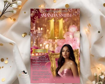 Pink 11th Birthday Invitation with Photo, Girl Eleven Birthday Card, Floral Invite, Canva Printable Flyer, Digital Template