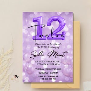 Biglietto d'invito per il 12° compleanno di una ragazza, invito digitale viola lilla, festa stampabile, figlia di 12 anni, modelli modificabili per il dodicesimo compleanno