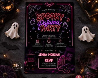 May include: A rectangular invitation card for a Spooky Pajama Party with neon pink and purple text on a black background. The design features illustrations of bats, spiderwebs, ghosts, and stars. It includes event details, date, time, and RSVP info.
