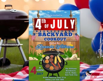 Zaproszenie na grilla z okazji 4 lipca, zaproszenie na grilla w ogrodzie z okazji 4 lipca, patriotyczne święto niepodległości USA, szablon do druku cyfrowego