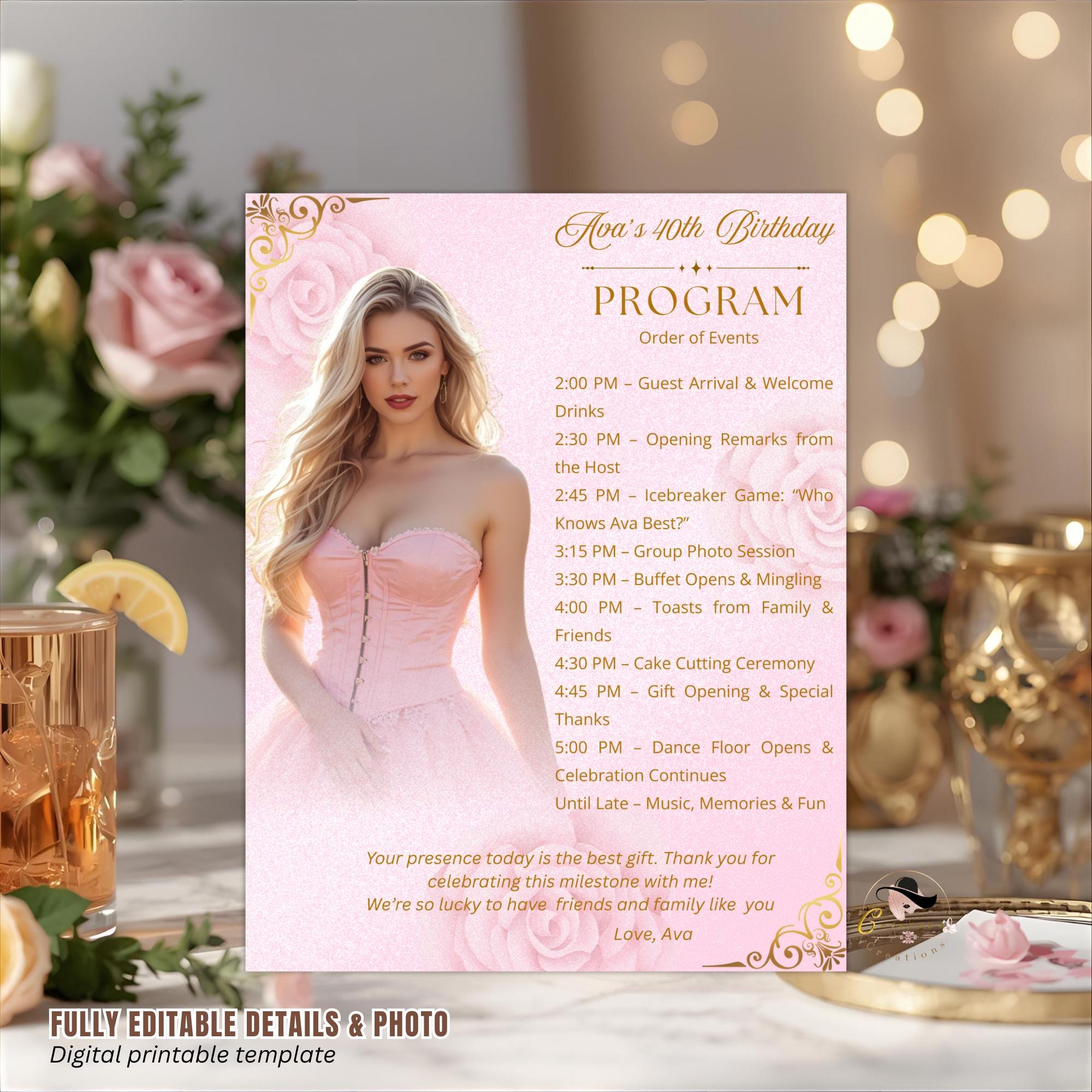 Pink Floral Program Template With Photo, Birthday Retirement Event ...
