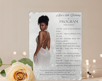 White Silver Birthday Program Card Template, Woman Retirement Party Program with photo, Printable Order of Events, Elegant Program Schedule