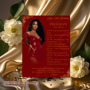 Pode incluir: Um modelo digital imprimível para o 40º aniversário de Ava. O design apresenta uma mulher em um vestido vermelho com lantejoulas, com detalhes do evento e um cronograma. O fundo é uma mistura de ouro e branco, com detalhes florais.